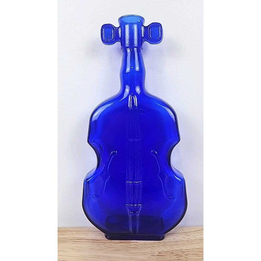 Vintage Cobalt Blue Violin Shaped Bottle Cello Decanter Bud Vase Decor 8” H #5